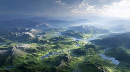 A biodiversity concept illustrating species richness as a color spectrum layered over a landscape map, merging ecology with data visualization. cinematic color correction, natural uneven lighting