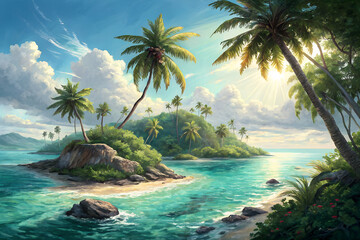 Tropical island with palm trees and turquoise water, bright sunlight, vibrant and relaxing composition, oil painting style
