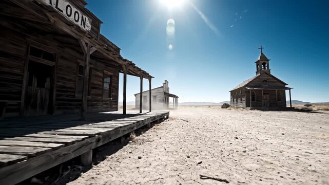 Old western saloon and church in deserted town with sun