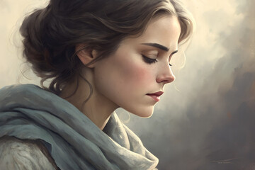 Portrait of woman with thoughtful gaze, soft muted background, intimate and contemplative atmosphere, oil painting style