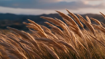 A tall field of golden grass gently swaying in the wind at sunset, warm light rippling across the landscape like a natural wave of calm and resilience. cinematic color correction, natural uneven