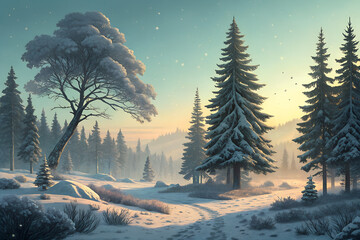 Snowy landscape with pine trees, soft afternoon light, peaceful and quiet winter scene, oil painting style