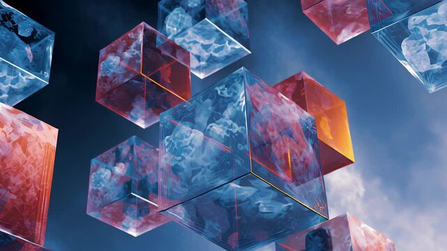 A series of cubes in the air with a blue sky background. The cubes are in different sizes and colors. Abstract floating cubes symbolizing ai therapeutic processing, ai driven mental health tools