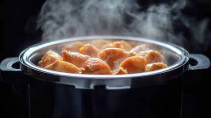 Food cooking in a pot with steam