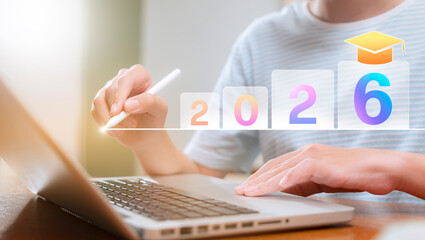 Vision and technology to enhance education in the year 2026. Teenage boy planning to learning.