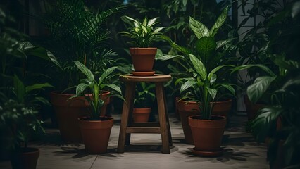 Lush Green Potted Plants Displayed on Wooden Stool in a Serene Indoor Garden Setting.