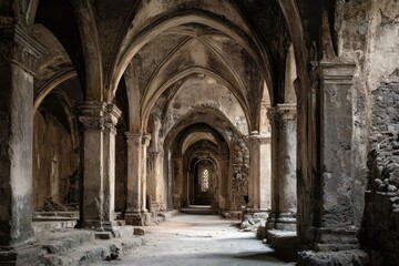 Fototapeta premium Interior of an Abandoned Ancient Church: Captivating Architecture and Arched Corridors of a Forgotten Cathedral