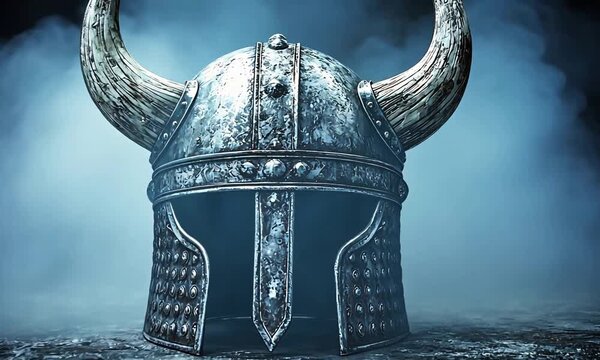 Mighty Viking Helmet with Horns in Mystical Fog, Ancient Warriors Headgear, Historical Battle Symbol.