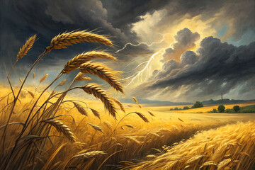 Field of golden wheat under dramatic stormy sky, wind blowing stalks, powerful natural composition, oil painting style