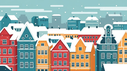 Colorful Scandinavian townhouses covered in snow flat vector illustration of a winter cityscape for holiday greetings and seasonal design