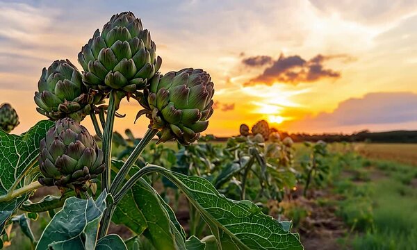 Organic Artichoke Plants Flourish in Rows, Bathed in Warm Golden Light at Sunset.