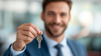 Faceless businessman holds key to success in car finance, focusing on sales insurance and investment, manages contracts and agreements in dynamic auto dealership environment, defoc