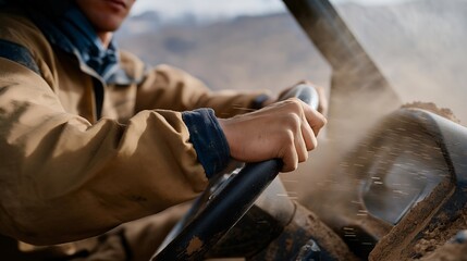 Fototapeta premium An off-road driver pressing rugged, mud-splattered pedals while maneuvering over uneven terrain, dust clouds rising as torque responds instantly — adventure, control, and mechanical resilience.