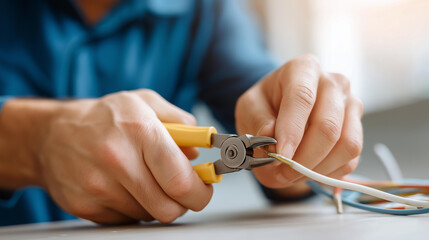 Faceless electrician work with cable crimping pliers in use, wire connection work, electrical tool operation, cable assembly process, defocused hands with equipment, with copy spac
