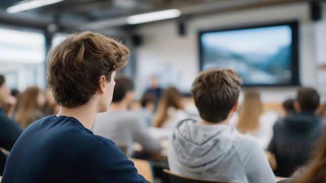 A hybrid college lecture where some students attend in person while others join via live video on a large classroom screen. cinematic color correction, natural uneven lighting yet gentle backlight,
