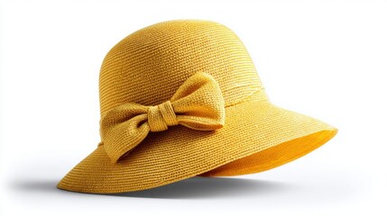 Stylish yellow sun hat with a decorative bow on a white background