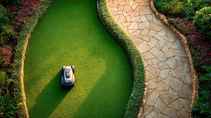 Robotic lawnmower on a lush green lawn with a stone pathway and garden.