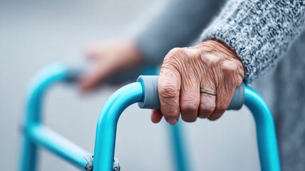 Elderly woman's hand gripping a blue walker for support and mobility