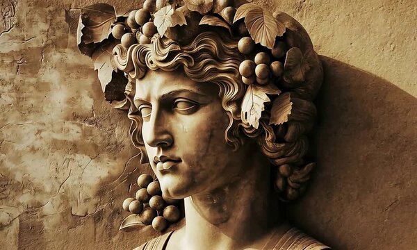 Regal Classical Sculpture of Bacchus Adorned with Grapes and Vine Leaves, Evoking Ancient Mythology.