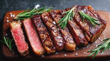Sliced ribeye steak with rosemary and sea salt on a wooden cutting board