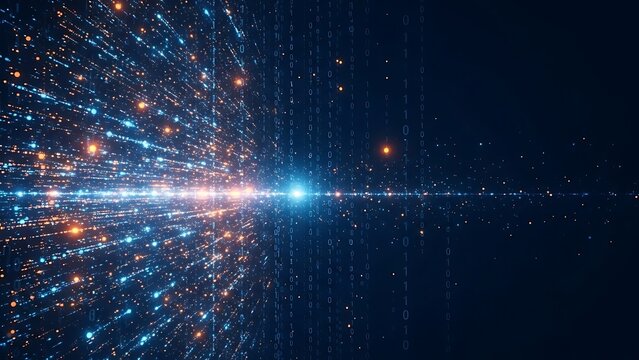 Digital data explosion with blue and orange lights on dark background - Powered by Adobe