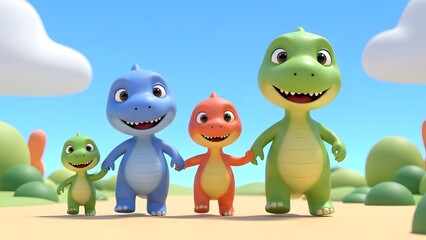 Fototapeta premium Cartoon dinosaurs standing together happily outside.