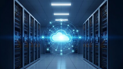Data center server room with glowing blue cloud computing network visualization and server racks