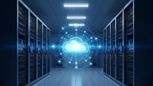 Data center server room with glowing blue cloud computing network visualization and server racks