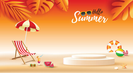 Summer beach background with tropical leaves, beach chair, umbrella, lifebuoy and podium display. Hello Summer concept for promotion, product showcase and vacation design.