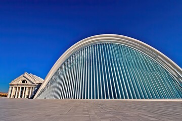 Arched structure with ribbed glass paneling, under blue sky