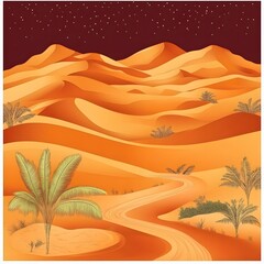 Desert Landscape with Palm Trees under Starry Night Sky.