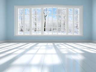 Empty room with large window and snowy landscape outside.
