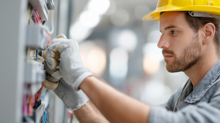 Faceless side view of electrician working on control panel in factory focused on connecting wires with tools in hand, wearing helmet and gloves, industrial electrical work, defocus