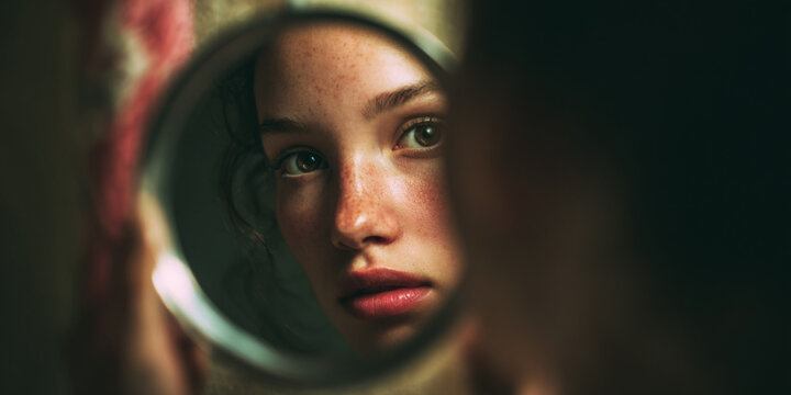 Young woman s face reflected in a mirror with dramatic lighting