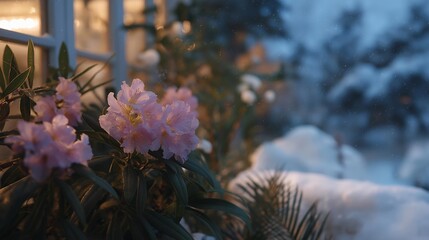 A winter greenhouse glowing at dusk in subzero temperatures, hydroponic crops thriving under LED grow lights while snow accumulates silently outside. cinematic color correction, natural uneven
