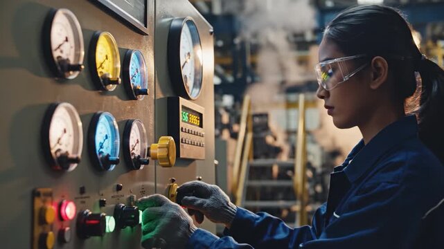 Female technician wearing safety glasses and glove operates and inspects industrial control panel with pressure gauge, dials and indicator lights, adjusting gauges and performing professional