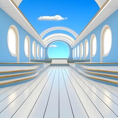 Futuristic Hallway with Blue Walls and Windows.