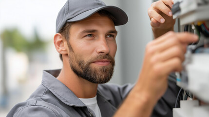 Faceless skilled electrician working on wiring in industrial setting, focused and determined during daytime repairs, electrical maintenance work, circuit installation, defocused pe