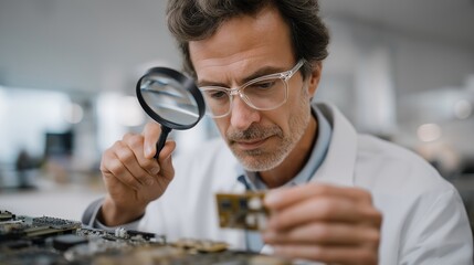 A tech enthusiast assembling a miniature circuit board prototype, soldering components no larger than sesame seeds under a magnifying lens — microelectronics engineering and hardware innovation.