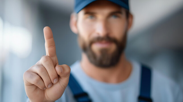 Faceless portrait of electrician pointing finger up, professional gesture, tradesperson indication, electrical worker pointing, service technician signaling, defocused face gesturi