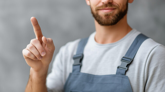 Faceless portrait of electrician pointing finger up, professional gesture, tradesperson indication, electrical worker pointing, service technician signaling, defocused face gesturi