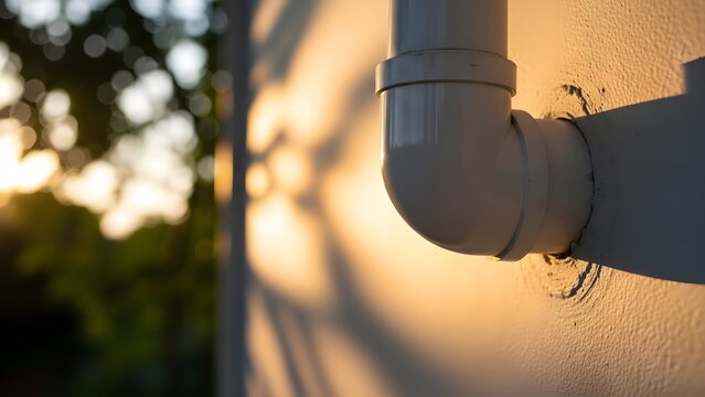 PVC Pipe on Building Exterior with Golden Hour Sunlight and Tree Shadows.