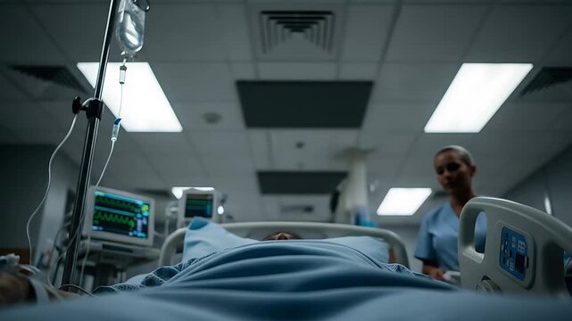hospital icu patient in bed with monitors and iv