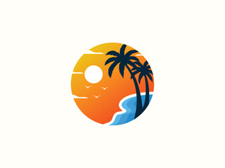 Palm tree and sunset, beach logo design vector template
