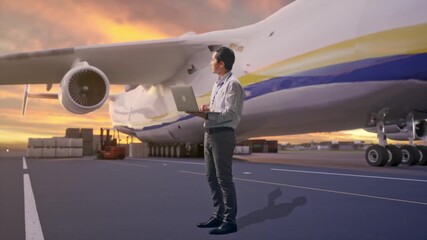 Full Body Side View Of An Asian Male Professional Worker at Airport with Massive Cargo Aircraft Loading Freight, Observes By Looking Up Before He Come To Concentrating On The Laptop And Keep On Typing