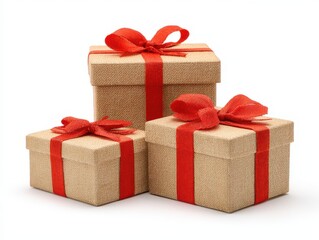 Obraz premium Eco-Friendly Christmas Boxes Wrapped in Red Ribbons, Perfect for Holiday Gifting and Celebrations