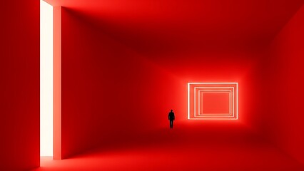 A solitary figure stands before illuminated nested squares within a predominantly red minimalist space