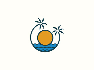 Palm tree and sunset, beach logo design vector template
