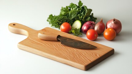 Fresh vegetables and knife on wooden cutting board