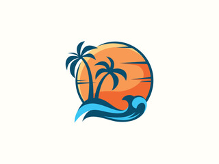 Palm tree and sunset, beach logo design vector template